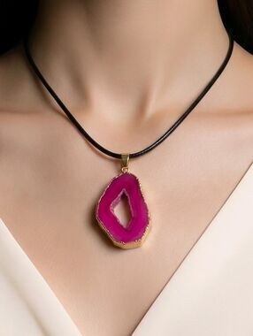 Fuchsia Pink Druzy Agate Teardrop Necklace Geode Slice Gold Edge Pendant Bold